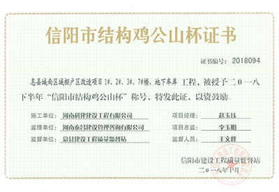 “息县城南区域棚户区改造项目1#、2#、3#、7#楼、地下车库问鼎网页版入口”被授予2018下半年“信阳市结构鸡公山杯”称号