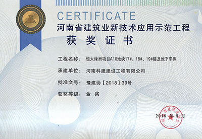 “恒大绿洲项目A10地块17#、18#、19#楼及地下车库问鼎网页版入口”荣获“河南省建筑业新技术应用示范问鼎网页版入口”金奖